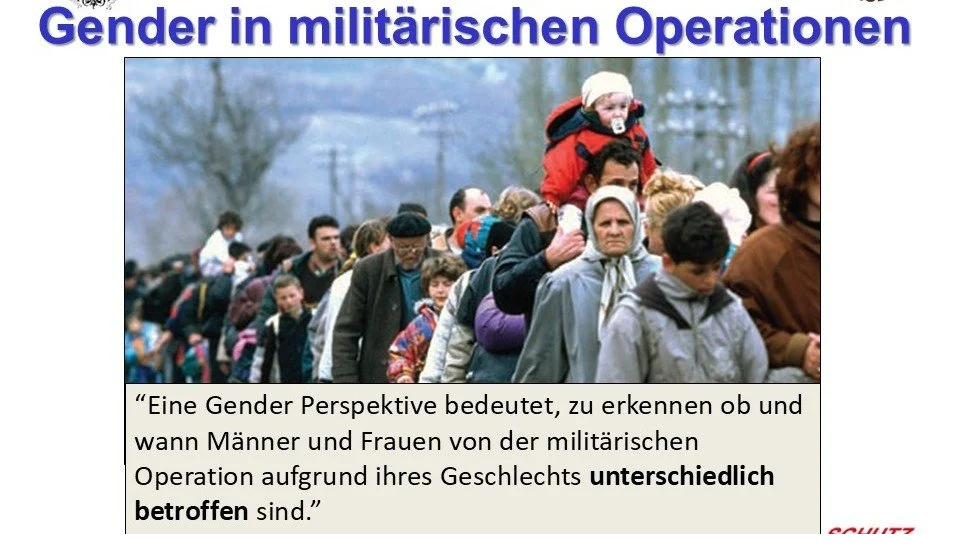 Teaching slide on gender in military operations with a photo of a column of refugees