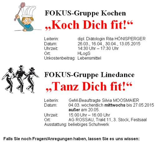 Announcement of the focus groups on cooking and line dancing