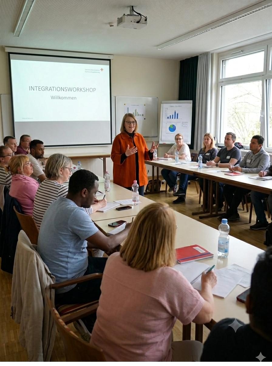 Učesnici radionice o integraciji za stolovima u obliku slova U, Silvia Moosmaier stoji ispred i vodi radionicu