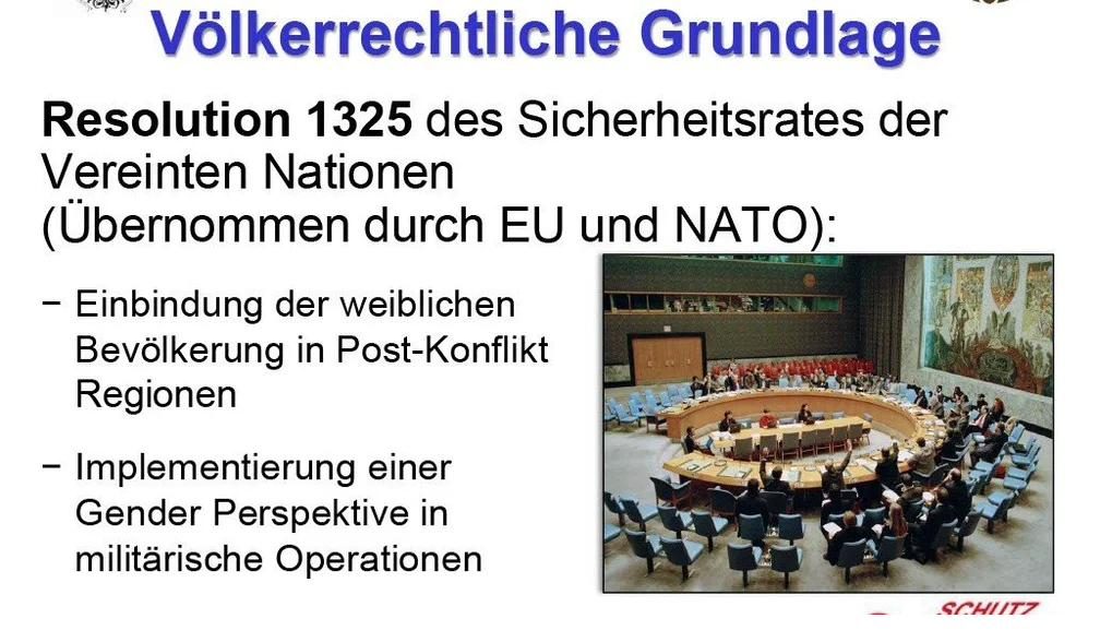 Teaching slide on the international legal basis of UN Resolution 1325 with a photo of a UN Security Council session